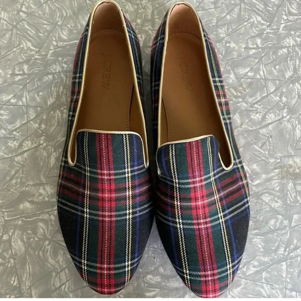 J.Crew Factory Womens Holiday Tartan Plaid Print Smoking Loafers Gold Trim S-7